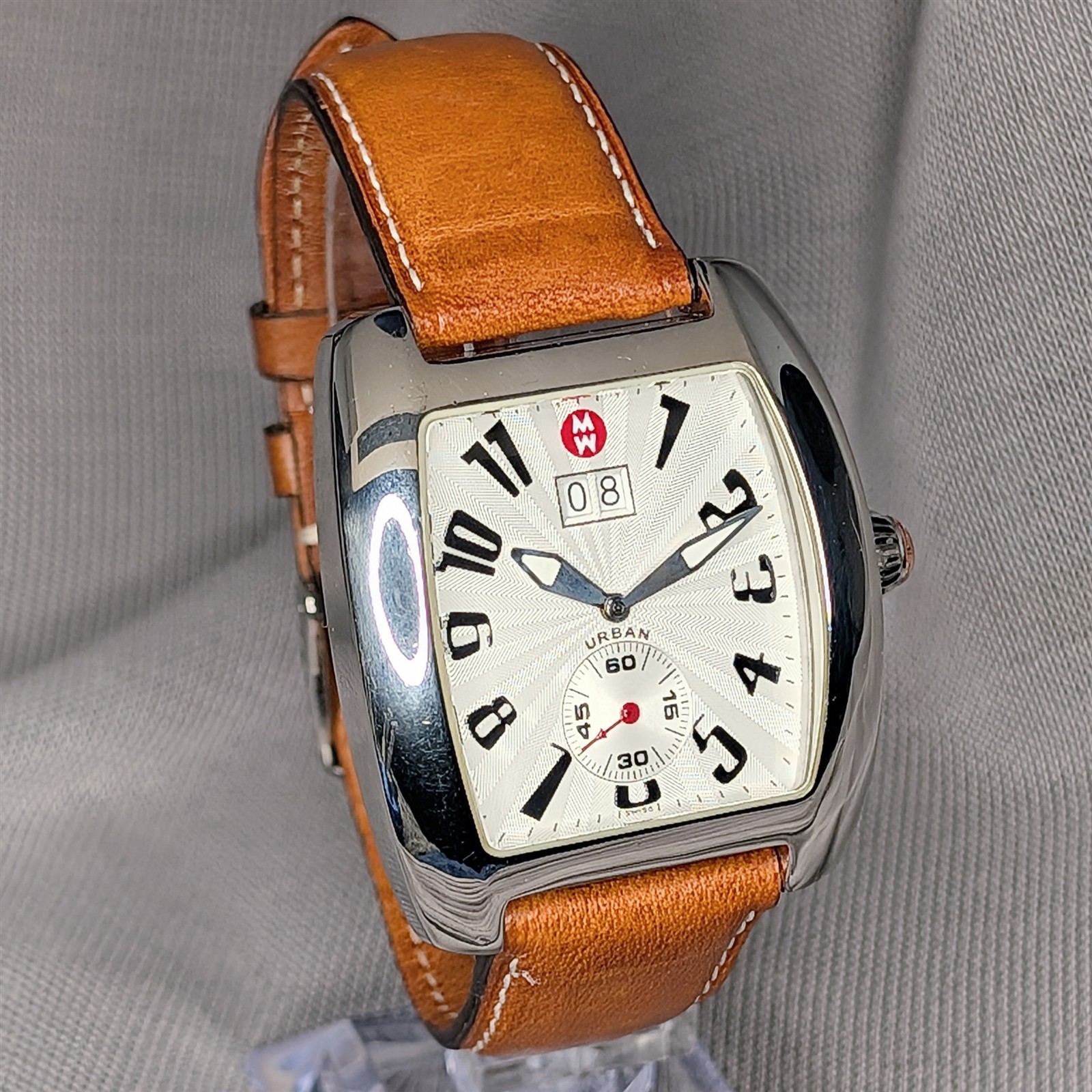 Michele Urban unisex 71-280 swiss watch chunky 36mm tonneau big date brown strap