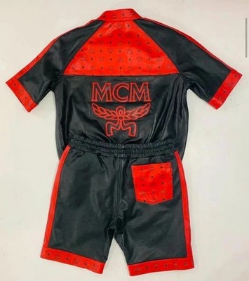 Vintage MCM Black Red Leather Tracksuit Jacket &Short Set