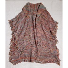 Boho Fringed Knit Poncho Cape Wrap OSFM