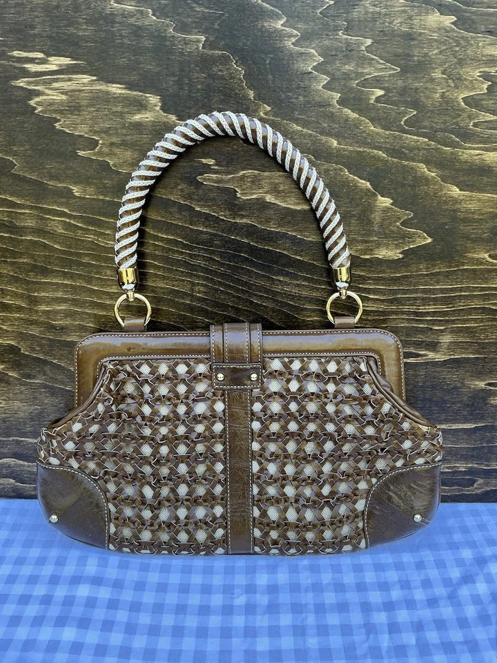 全新无标签 Rafe New York Handcraft Designer 单肩包 手提包 女式 棕色 编织皮革 — 第 2/4 张图片