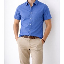 Calvin Klein Classic Fit Blue Short Sleeve Button Up Shirt Mens Small Stretch
