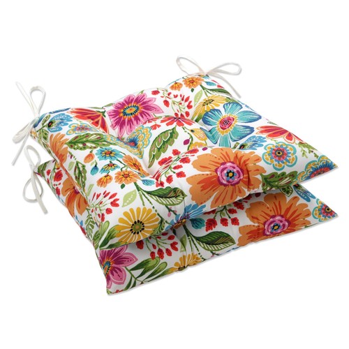 Bright Floral Indoor/Outdoor Chair Seat Cushion with Ties Tufted, Weather, an...