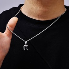 Initials Necklaces for Men Women,A-Z 26 Letters Black Square Stainless Steel Pen