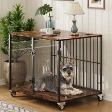 Rustic Dog Crate Wheels Wooden Dog Kennel Cage Side End Table Farmhouse Cabinet