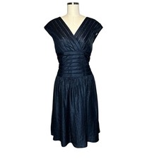 Adrianna Papell Navy Blue V Neck Fit and Flare Ribbon Cocktail Midi Dress | 14
