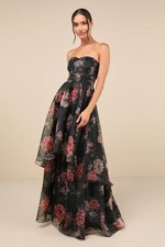NWT Lulus Truly Extraordinary Black Floral Organza Strapless Maxi Dress S NEW
