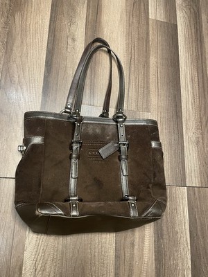 Authentic Coach Chocolate Suede Lunch Bag with Leather Trim and Silver Hardware 