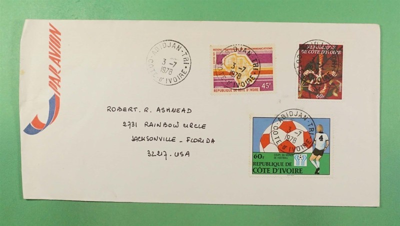 DR WHO 1978 IVORY COAST SOCCER ABIDJAN AIRMAIL TO USA R51166