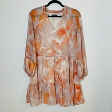 Express Pink Floral Ruched Ruffle Faux Wrap Mini Dress Size M Long Sleeve Fairy