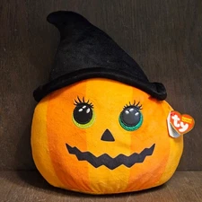 10" HALLOWEEN Ty Squishy Beanies RAMONA Pumpkin Witch Jack o'lantern Plush 