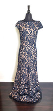 Tadashi Shoji Gown 2 Embroidered Lace Cap Sleeve Navy and Nude Formal