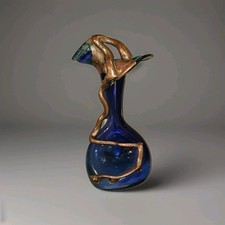 Vtg Brutalist Filip Ravert Hand Blown Art Nouveau Glass Vase Blue Copper Overlay