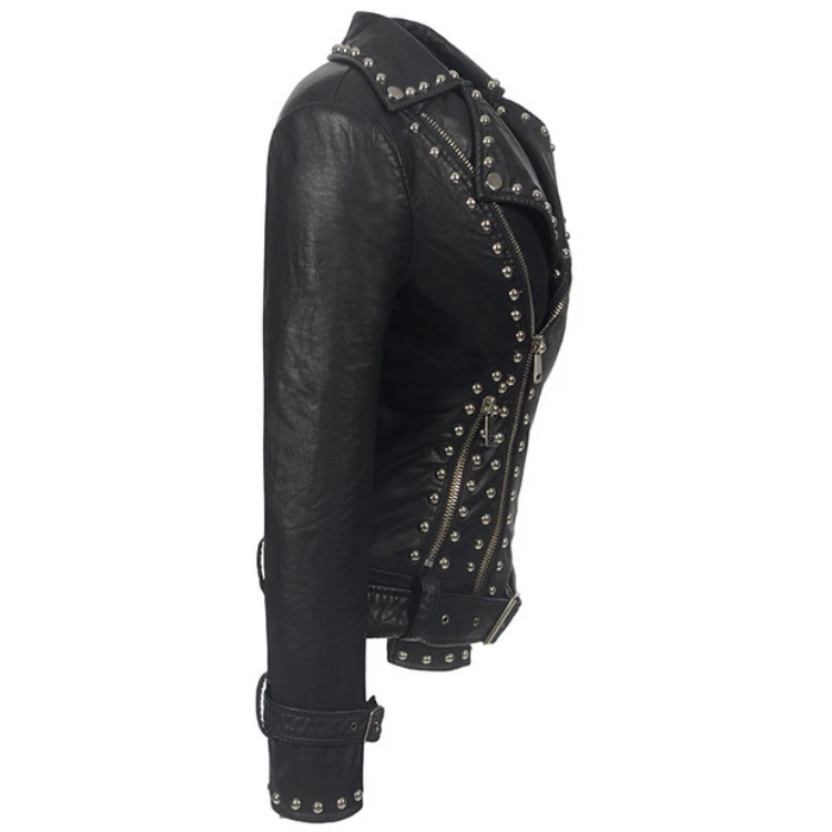 Chaqueta de motociclista de cuero PU 5xl 6xl con remache solapa calce ajustado para mujer Foto 2 de 4