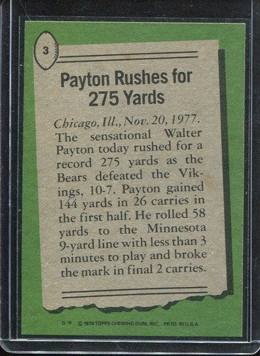 1978 Topps Football # 3 Payton Rushes for 275 Yards (NM) Near Mint - Picture 2 of 2
