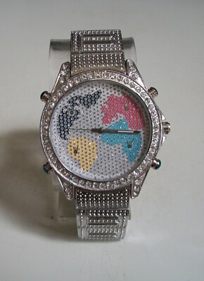 Men's Bling Silver Finish World Map Dial Dressy Casual Fashion Wrist watch
