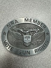 NRA Member Belt Buckle Vote Gun Rights Eagle Shield Silver Tone Vintage Collecti