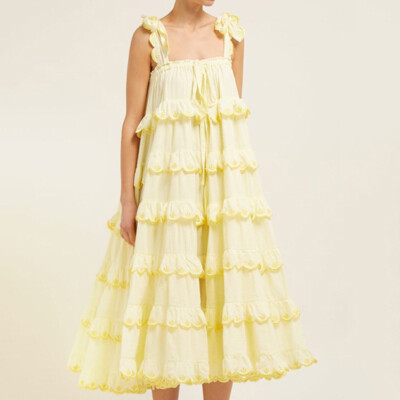 Women Summer Solid Cute Layered Ruffle Hem Swing Slip Long Midi Dress | eBay