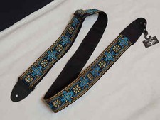 LM Jaquard blue  yellow RETRO pattern nylon GUITAR strap NEW - LEATHER ends