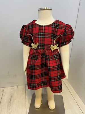 Holly rotes Schottenkaro Kleid goldene Schleifen, Kleinkind Weihnachtskleid, Größen 2 Jahre oder 3 Jahre