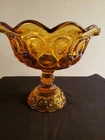 Vintage LE SMITH Glass Amber MOON & STARS Footed Compote Ruffled Edges DISH