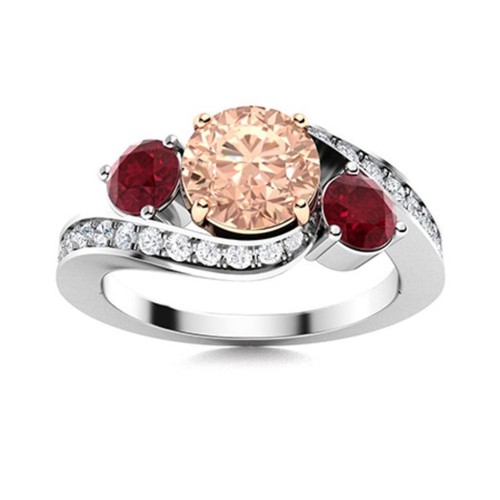 5MM Round Shape Morganite & Ruby Three Stone Women Ring 925 Sterling Silver