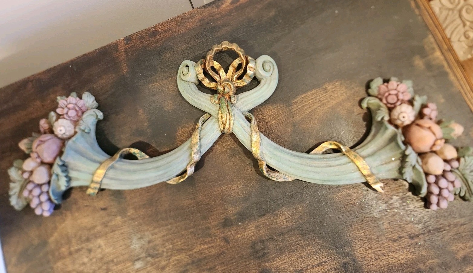 Vintage Italian Wall Ornament Carved Wood Pediment Cornucoppia Architectural 