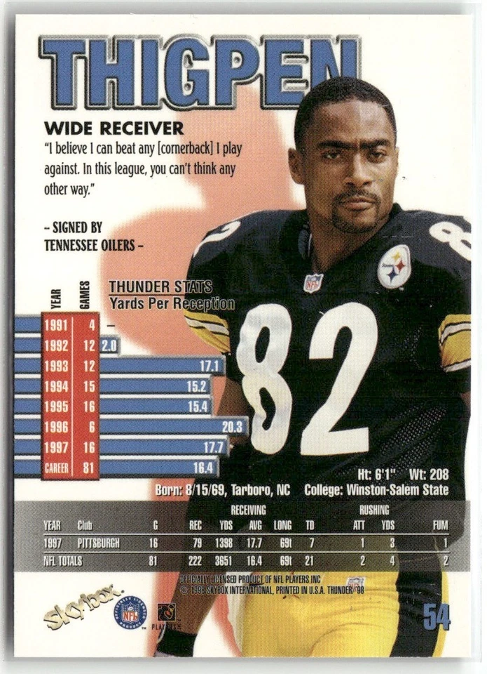 1998 SKYBOX THUNDER YANCEY THIGPEN TENNESSEE OILERS #54 - Image 2 of 3