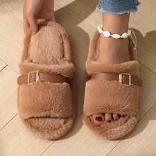 Women's Fuzzy Shearling Slides Buckle Strap Plus Size Warm Plush Slippers