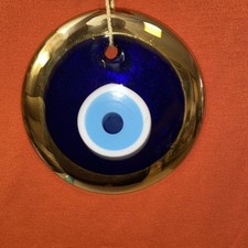 Glass Blue Evil Eye Wall Hanging Gold Trim Ornament Turkish Nazar Bead 5.25  D
