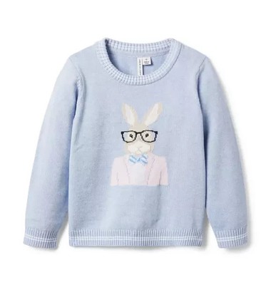 Janie & Jack Bunny Sweater Boys 12 Blue Knitted Long Sleeve Crew Neck GBO286