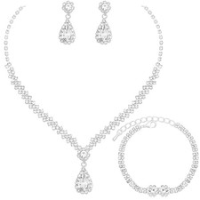 HONGLU Elegant Crystal Necklace Earrings Bracelets Set Silver Bridal Wedding ...