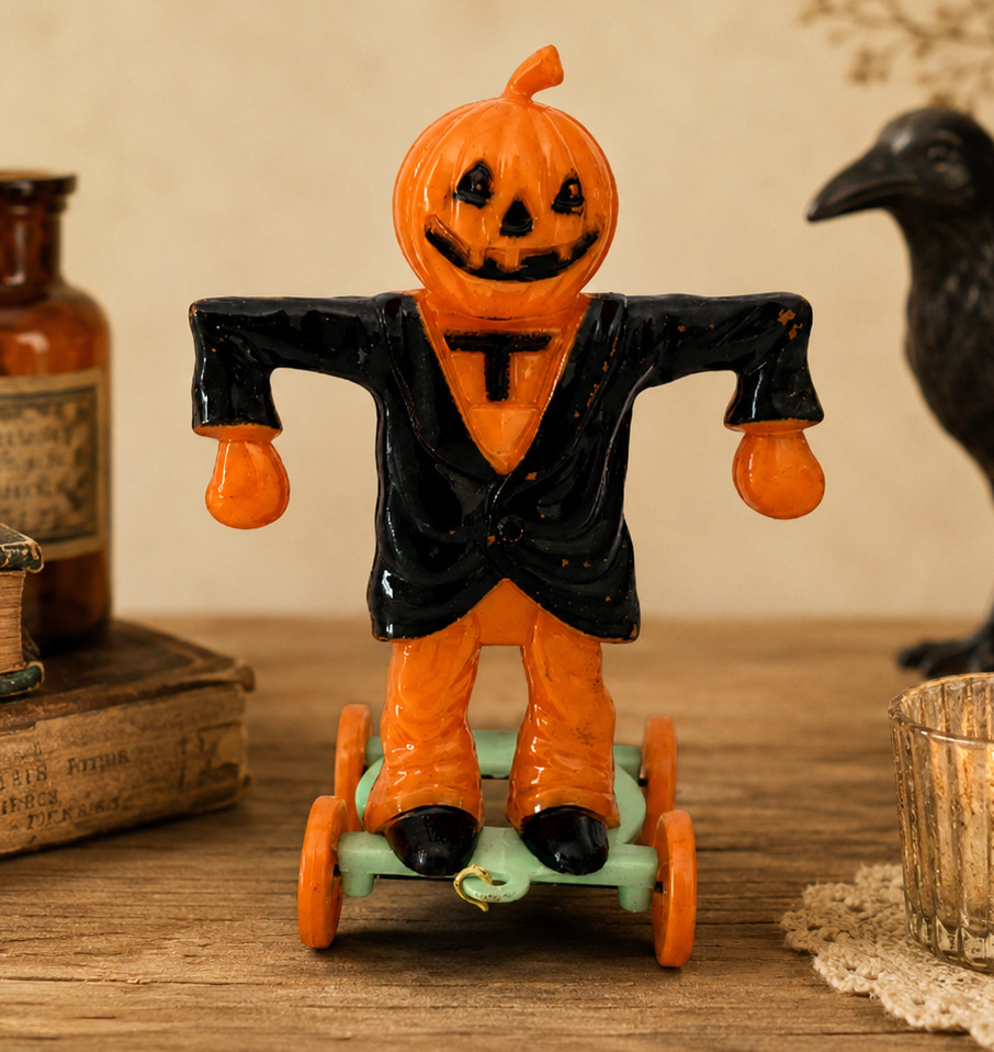 Vintage 1950s Rosbro Halloween Scarecrow Jack O Lantern Pull Toy Orange Wheels