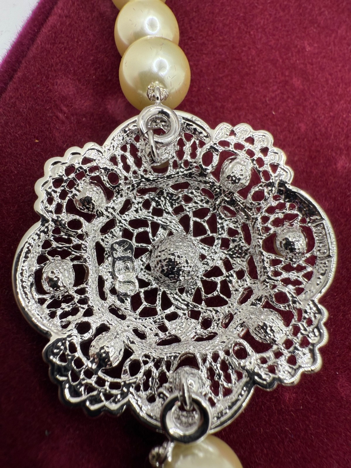 Vintage Camrose Kross JBK Necklace Faux Pearl Filigree COA 27"