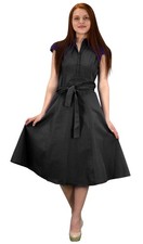 Pure Cotton Button Up Vintage Tea Party Swing Dress Fabric Belt Black X-Large
