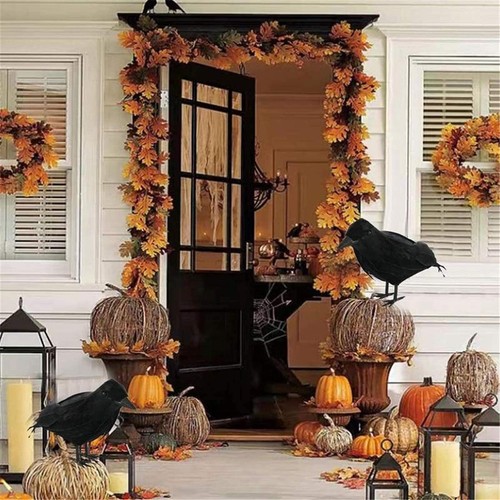 2 Pieces Realistic Black Feathered Crows for Halloween Outdoors and Indoors D... - Picture 3 of 7