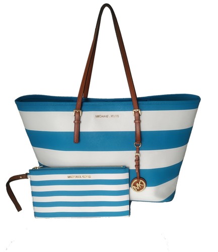 Michael Kors Large Bright Blue & White Summer Jet Set Bag + Wristlet - 第 1/19 張圖片