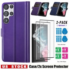 For Samsung Galaxy S22 Ultra 5G Case Leather Wallet Cover Glass Screen Protector