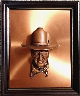 Vintage John Wayne 3D Copper Bust Sculpture Rooster Cogburn Framed Wall Art 16''