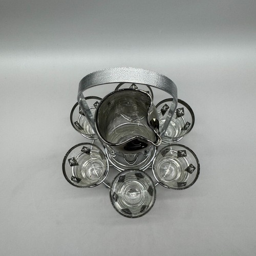 Vtg Ombre Pitcher Carrier & 6 Silver Fleur de Lis In Elongated Diamond Glasses - Picture 3 of 20