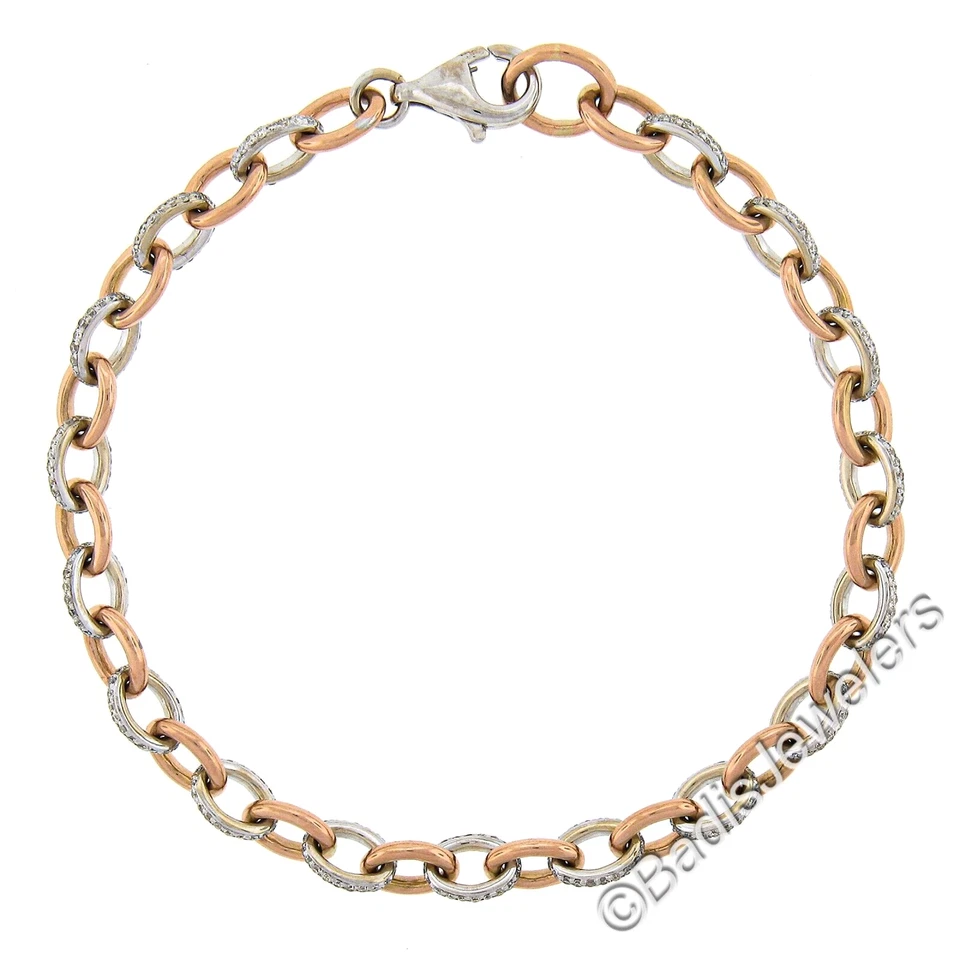 18K Rose & White Gold 7.25" Open Oval Link w/ 1ctw Pave Diamonds Links Bracelet - Image 3 of 4