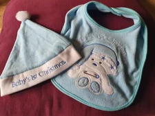 My 1st Christmas Bib and hat set, blue/white 