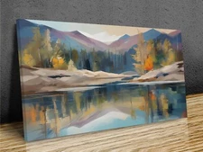 Lake mountains reflections , Abstract Art mounted canvas print ready to hang