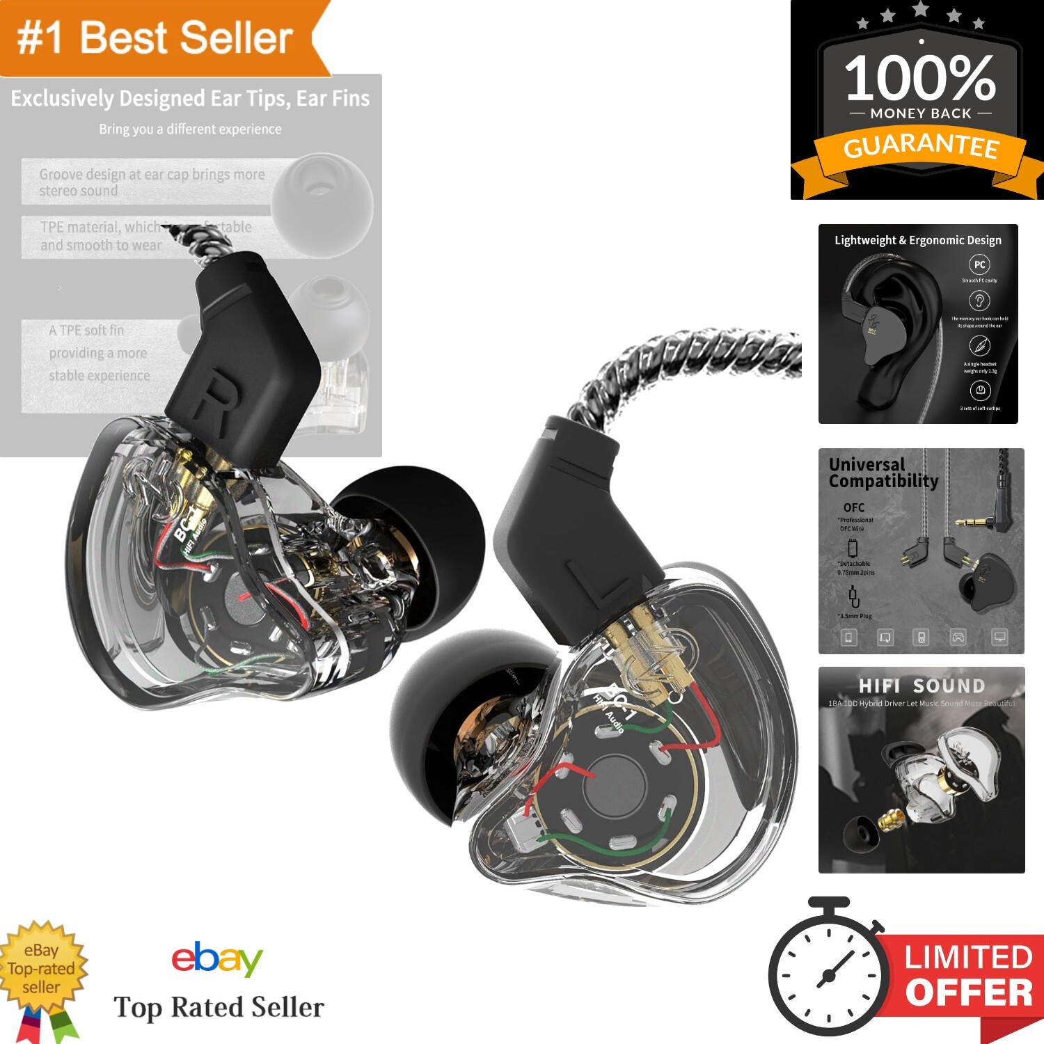 Clear Black CCZ Melody In-Ear Monitors with Hybrid Drivers - Ultimate Comfort