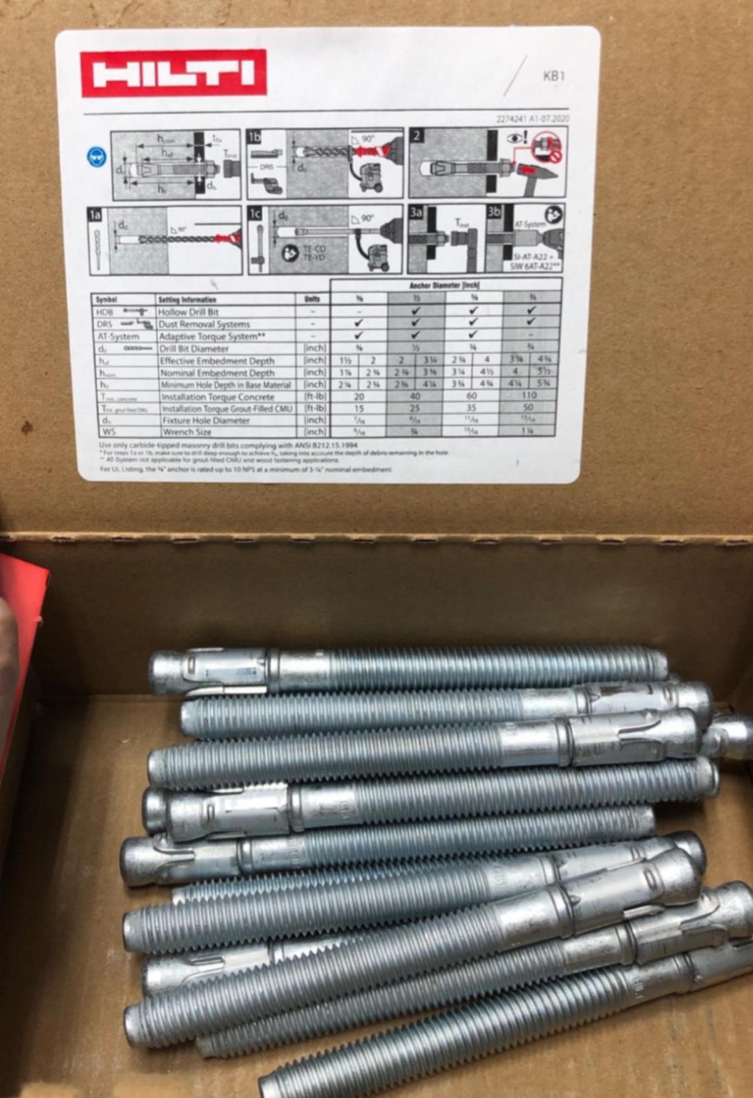 120x (6x 20pk) Hilti KB1 1/2" x 51/2" Kwik Concrete Wedge Anchor Bolts