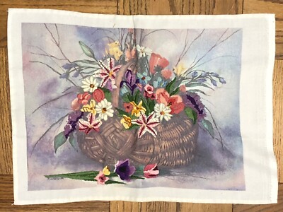 Beautiful Old Needlepoint Flower Basket Design Fabric Wall Hanging Not Finished!