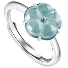 Blue Natural Myanmar Jadeite Flower Rings Burmese Jade Luxury 925 Silver