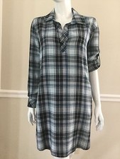 NEW CLOTH & STONE SzS PLAID LONG SLEEVE TUNIC SHIRT DRESS BLACK/LIGHT BLUE COMBO