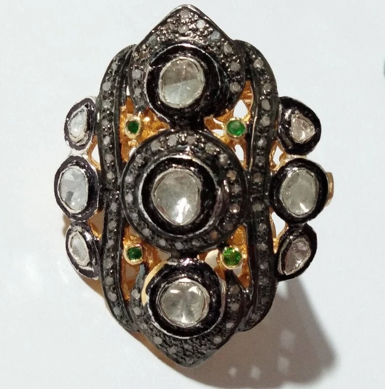 Anillo de diamantes Polki Pave anillo de plata de ley 925 para mujer regalo de Navidad Foto 2 de 4