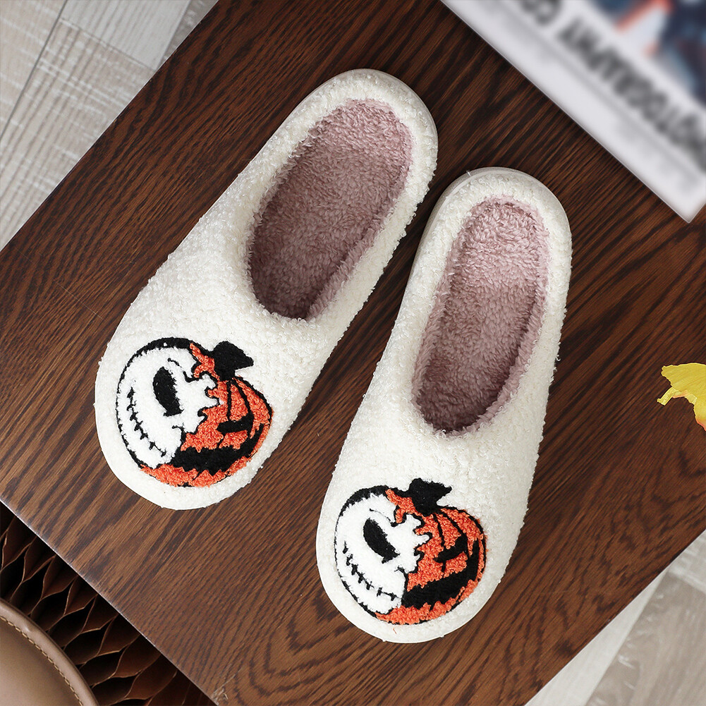 APL Halloween Pumpkin Plush Slippers Flat Thermal Slippers Cute Anti Slip for Winter