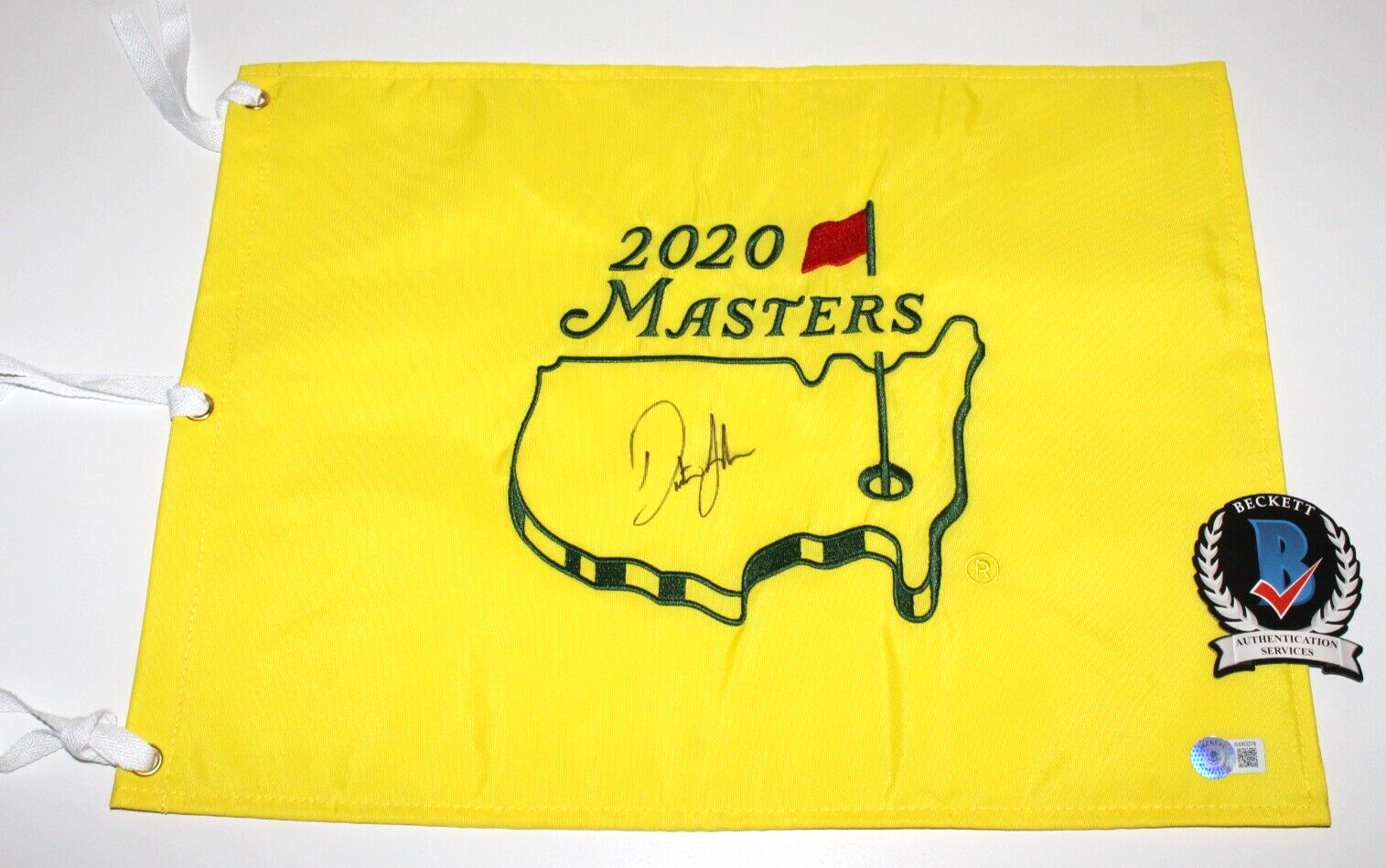 Dustin Johnson Autographed Signed 2020 Masters Golf Pin Flag Beckett COA Augusta National 